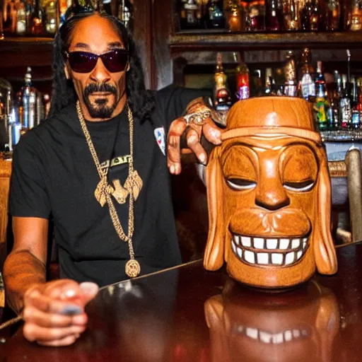 Image similar to snoop dogg at trader vic's bar holding a tiki mug with his face on it