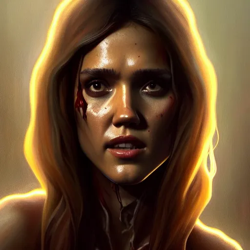 Image similar to beautiful digital painting jessica alba the evil dead with high detail, 8 k, stunning detail, photo by artgerm, greg rutkowski and alphonse mucha, unreal engine 5, 4 k uhd