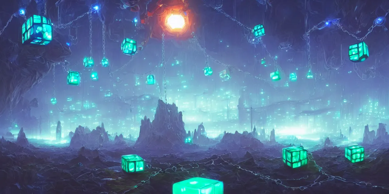 Image similar to a fleet of giant glowing futuristic circuit cubes tied to each other with lots of glowing chains in the sky, thick glowing chains, light rays bouncing between cubes, a fantasy magical landscape seen in the distance, atmospheric lighting, intricate, volumetric lighting, beautiful, sharp focus, ultra detailed, in the art style of marc simonetti, bowater charlie and brom gerald, astrophotography