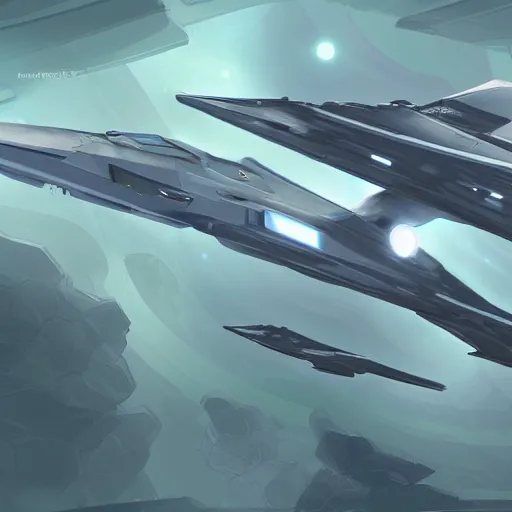 Prompt: spaceship in the atmosphere, stealth fighter, homeworld 2, illustration, concept art