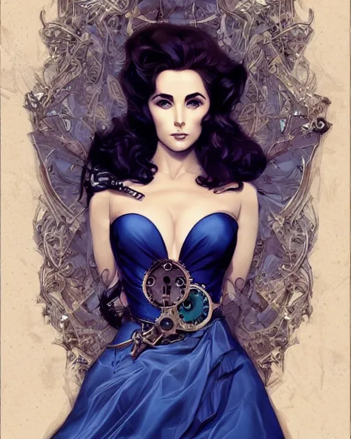 Image similar to in the style of joshua middleton, artgerm, beautiful elizabeth taylor, steampunk, full body, blue dress, elegant pose, middle shot, spooky, symmetrical face, symmetrical eyes, detailed realisitc eyes, detailed realistic eyes, detailed and intricate