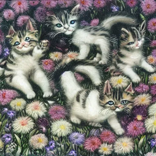 Prompt: kittens playing in a bed of flowers by H. R. Giger