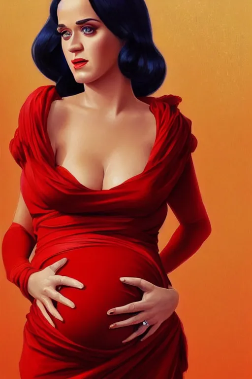 Image similar to pregnant katy perry in a red dress, realistic portrait, symmetrical, highly detailed, digital painting, artstation, concept art, smooth, sharp focus, illustration, cinematic lighting, art by artgerm and greg rutkowski and alphonse mucha