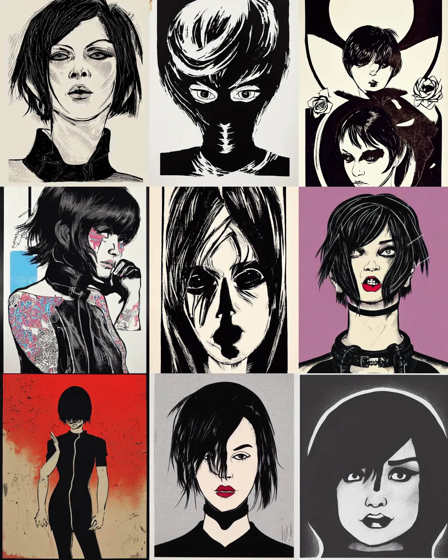 Prompt: A silkscreen print serigraph. Her hair is dark brown and cut into a short, messy pixie cut. She has a slightly rounded face, with a pointed chin, large evil eyes with entirely-black sclerae!!!!!!, and a small nose. She is wearing a black leather jacket, a black knee-length skirt, a black choker, and black leather boots.