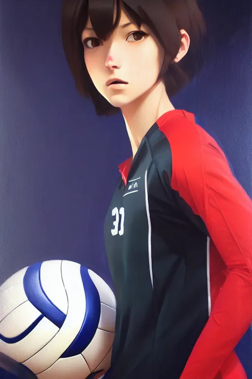 Image similar to A ultradetailed beautiful panting of a stylish woman wearing a volleyball jersey, Oil painting, by Ilya Kuvshinov, Greg Rutkowski and Makoto Shinkai