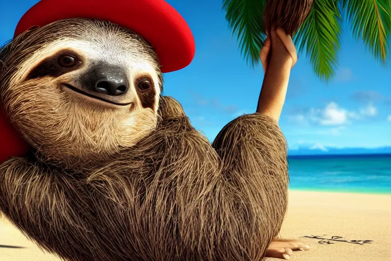 Prompt: a sloth wearing a captains hat relaxing on a coromandel beach in new zealand, beach bar, party, award winning, vibrant, highly realistic, digital art, artstation, deviantart, hd, octane render, 4k