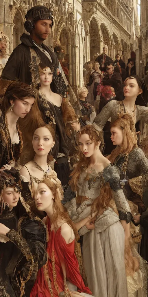 Image similar to gossip girl on a medieval market, masterpiece by Edgar Maxence and Ross Tran and Michael Whelan, gustav dore, 8k, octane render