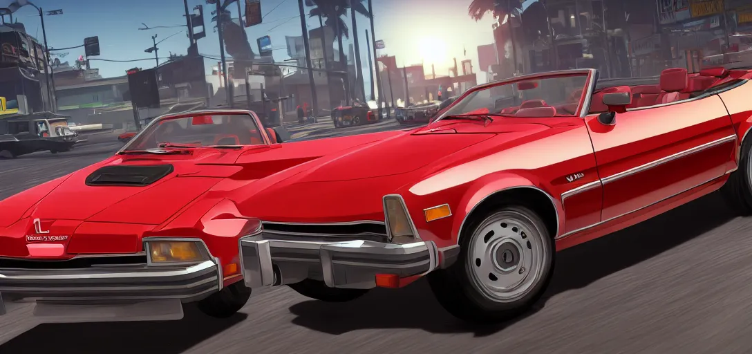 Prompt: front of red 1978 convertible car as a grand theft auto 5 loading screen, front view, very detailed studio photograph, concept art, 4k, sharp focus