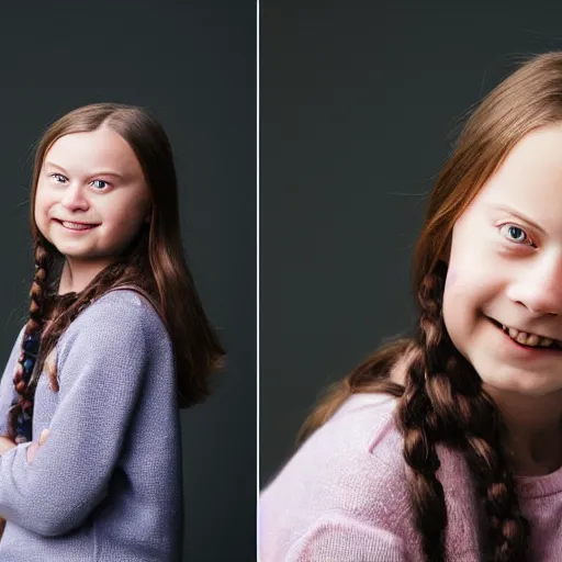 Image similar to Greta Thunberg smiling, photoshoot, 30mm, Taken with a Pentax1000, studio lighting