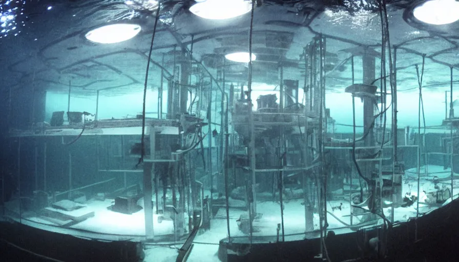 Prompt: Big budget horror movie, panorama of a massive underwater biolab, deep in the ocean, dark and gloomy