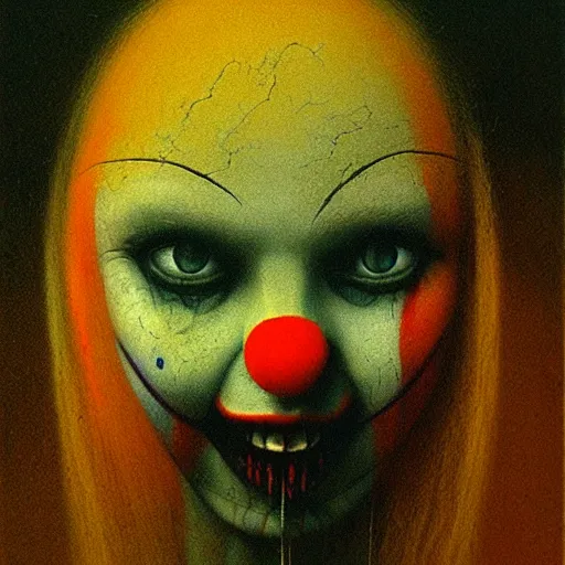 Prompt: evil beautiful female clown by Beksinski