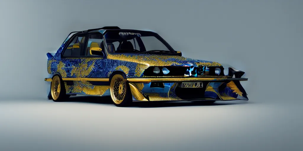 Image similar to a design of a bmw e30, designed by Polestar, blade runner background, iridescent blue car paint, wrapped in extremely ornate and intricate golden leaf, black windows, dramatic lighting, hyper realistic render, depth of field, 8k, rendered in octane