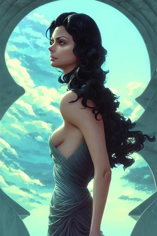 Image similar to a beautiful Morena Baccarin with long dark hair, marble statue, intricate, highly detailed, digital painting, artstation, official media, anime key visual, concept art, rich vivid colors, ambient lighting, sharp focus, illustration, art by Artgerm, Makoto Shinkai, Ilya Kuvshinov, Lois Van Baarle, and Rossdraws