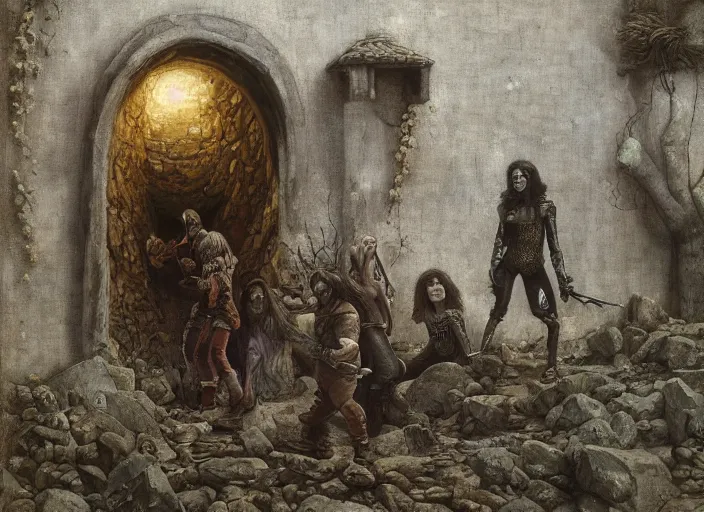 Image similar to jim henson's labyrinth. stone walls. you find a hole in the wall, like someone took a sledge hammer and just kept smashing as they walked forward. by edgar maxence and caravaggio and michael whelan and delacroix style, artistic, intricate painting, cinematic lighting, hyper realistic, extremely detailed, vivid colors, establishing shot, dramatic lighting