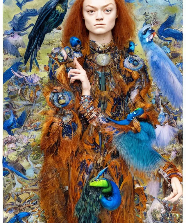 Image similar to a portrait photograph of a meditating fierce sadie sink as a colorful harpy bird super hero with blue wet amphibian skin. she has animal skin grafts and cyborg body modifications and implants. by donato giancola, hans holbein, walton ford, gaston bussiere, peter mohrbacher and brian froud. 8 k, cgsociety, fashion editorial