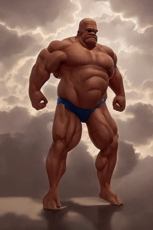 Image similar to upper body portrait of a hulking bulky swole steroids musclebound huge bodybuilder muscular herculean chiseled homer simpson, cinematic lighting, photorealistic, octane render, 8 k, depth of field, 3 d, art by artgerm and greg rutkowski and alphonse mucha and uang guangjian and gil elvgren and sachin ten