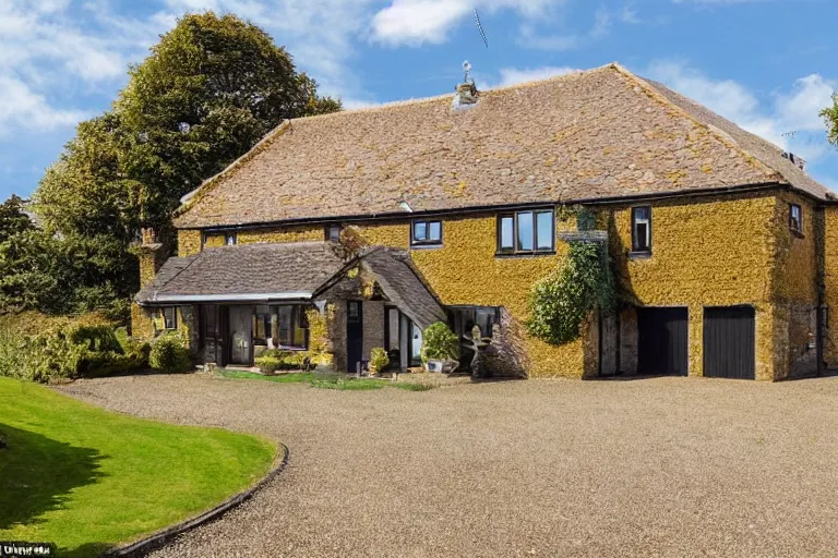 Prompt: an estate agent listing external photo of a 5 bedroom detached house made of gold in the countryside, sunny day, clear skies, by Paul Lehr