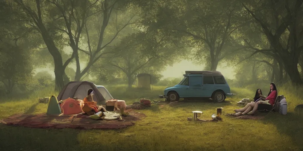 Image similar to two women camping, looking out of a car window, elegant scene, low angle, wide angle, indian forest, wide angle, cinematic, ultrarealistic, trending on artstation, cgsociety, highly detailed, color graded, rendered in unreal engine 4 k hq, matte painting, by simon stalenhag and hudson river school, horizon forbidden west