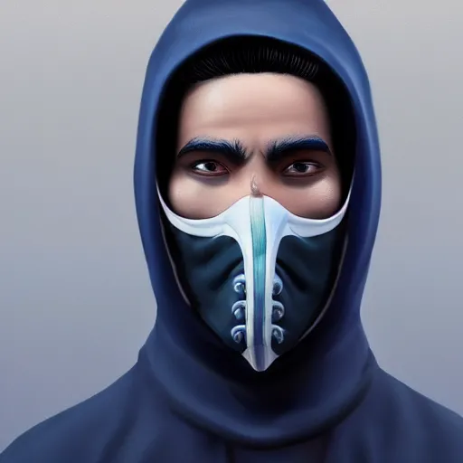 Image similar to a highly detailed, portrait of a man with black hair with a black medical mask, in a hood in the form of a blue shark with white teeth, artstation, DeviantArt, professional, octane render, digital art