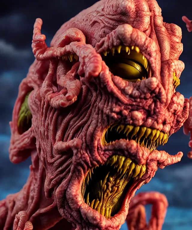 Image similar to hyperrealistic rendering, epic boss battle, cronenberg flesh monster, by art of skinner and richard corben, product photography, collectible action figure, sofubi, hottoys, storm clouds, outside, lightning