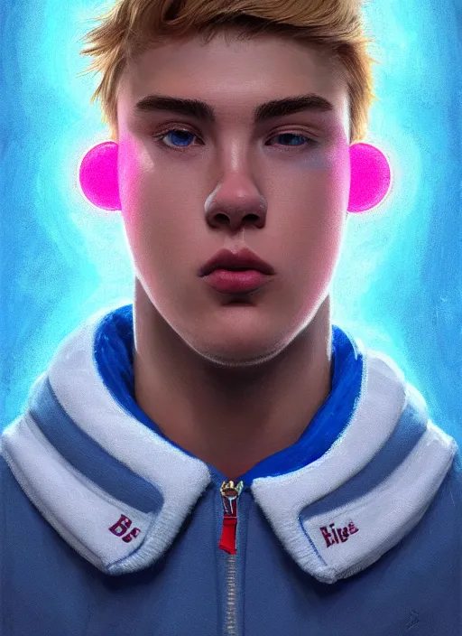 Image similar to portrait of high school senior boy named big moose, blonde short hair, jock, beefy, wide face, square jaw, square facial structure, blue varsity jacket with letter r, intricate, elegant, glowing lights, highly detailed, digital painting, artstation, concept art, sharp focus, illustration, art by wlop, mars ravelo and greg rutkowski