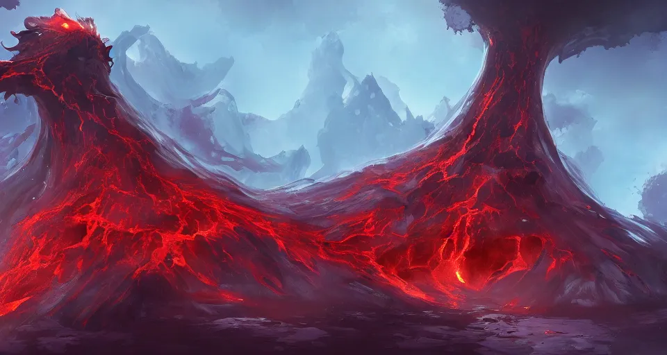 Image similar to a volcano made of ivory vines and crimson rocks enters in eruption, it spits a smoke in the shape of demonic eye, by League of Legends concept artists