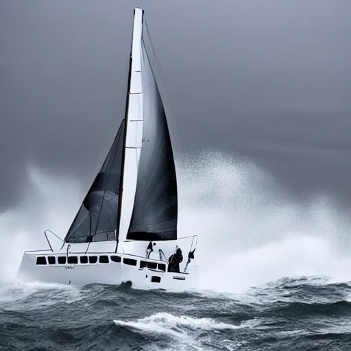 Prompt: catamaran sailboat in rough seas. dark storm.