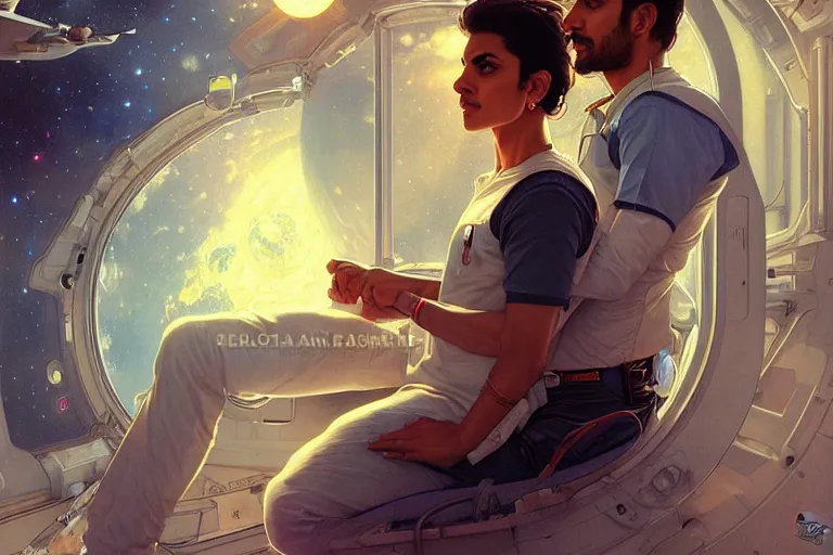 Prompt: Pensive good looking pale young Indian doctors wearing jeans in a space station above Earth, portrait, elegant, intricate, digital painting, artstation, concept art, smooth, sharp focus, illustration, art by artgerm and greg rutkowski and alphonse mucha