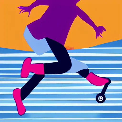 Image similar to modern stylized illustration of a girl riding a skateboard with one leg up and the other on the deck going fast, side view