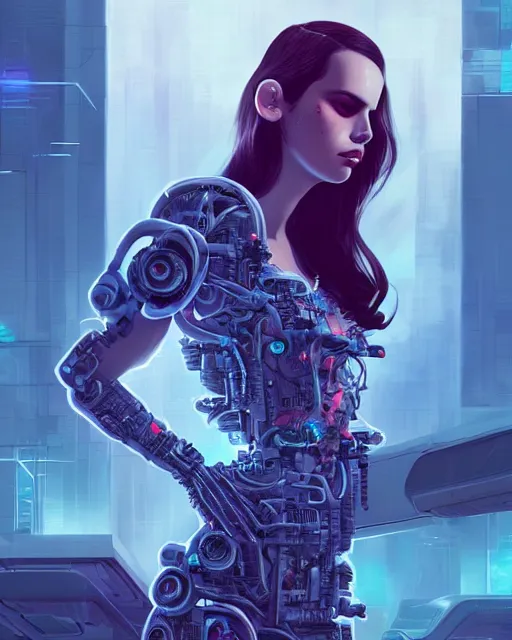 Image similar to portrait of lana del rey as a cyberpunk cyborg. roses, sci - fi, missing panels, intricate abstract upper body intricate artwork, by tooth wu, wlop, beeple, dan mumford. concept art, octane render, deviantart, greg rutkowski, cinematic, key art, hyperrealism, iridescent accents