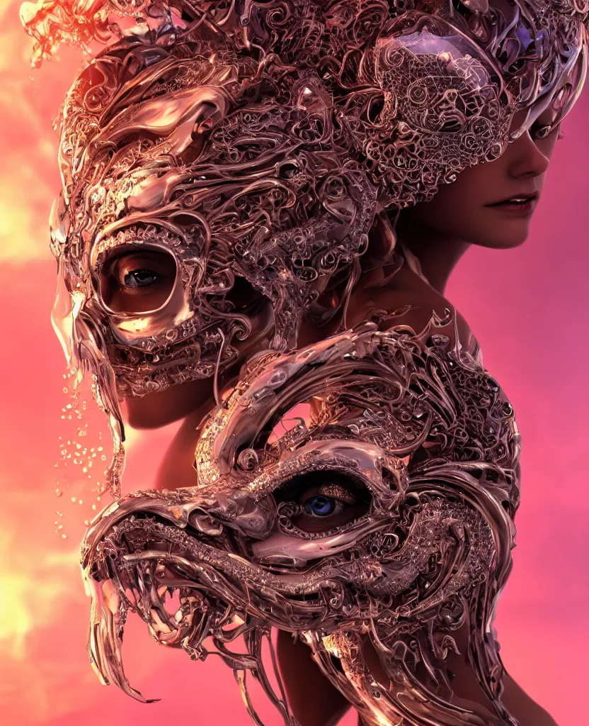 Image similar to close-up macro portrait of the face of a beautiful princess with animal skull mask, epic angle and pose, symmetrical artwork, 3d with depth of field, blurred background, cybernetic jellyfish female face skull phoenix bird, translucent, nautilus, energy flows of water and fire. a highly detailed epic cinematic concept art CG render. made in Maya, Blender and Photoshop, octane render, excellent composition, cinematic dystopian brutalist atmosphere, dynamic dramatic cinematic lighting, aesthetic, very inspirational, arthouse. y Greg Rutkowski, Ilya Kuvshinov, WLOP, Stanley Artgerm Lau, Ruan Jia and Fenghua Zhong