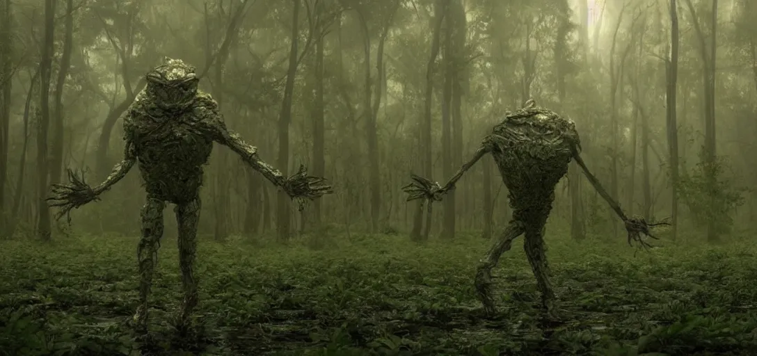 Prompt: a complex organic fractal 3 d metallic symbiotic ceramic humanoid megastructure creature in a swampy lush forest, foggy, cinematic shot, photo still from movie by denis villeneuve, manga style by junji ito