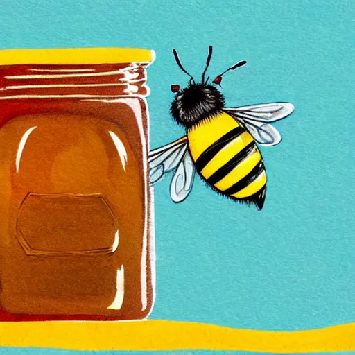 Prompt: cute bee flying out of a jar of honey with a wooden honey dipper in it, concept art, illustrated, highly detailed, high quality, bright colors, optimistic,