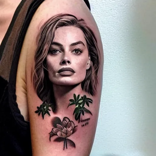 Image similar to realism tattoo design of margot robbie and nature mash up, in the style of arlo dicristina, amazing detail, face morph
