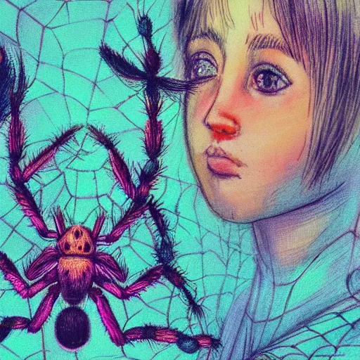 Image similar to a girl with a spider, xilography, bright pastel colors