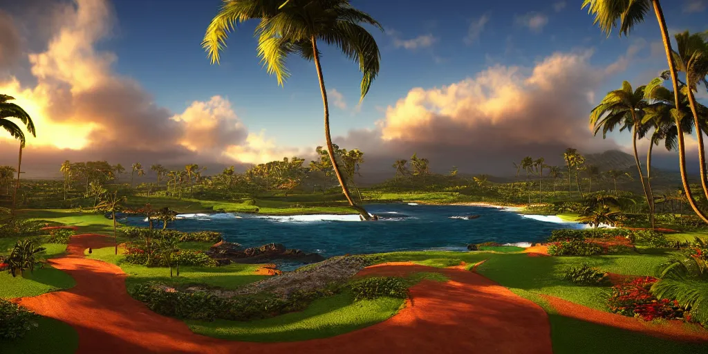 Image similar to Kapalua maui Hawaii, unreal 5, hyperrealistic, realistic, photorealistic, dynamic lighting, highly detailed, cinematic landscape, studio landscape, studio lighting