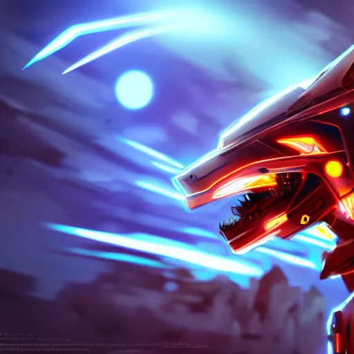 Image similar to highly detailed cinematic shot of a mecha canine, sharp claws, glowing visor, charging through city, digital art, furry art, furaffinity, deviantart, dragon art