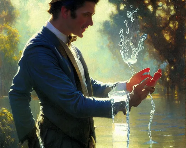 Image similar to attractive magician man, casting water magic. highly detailed painting by gaston bussiere, craig mullins, j. c. leyendecker 8 k