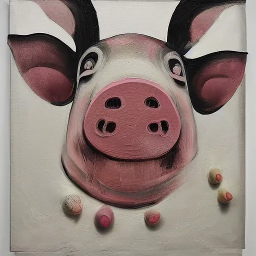 Image similar to “pig paintings and pig sculptures in a pig art gallery, pork, ikebana white flowers, white wax, squashed berries, acrylic and spray paint and oilstick on canvas, by munch and Dali”