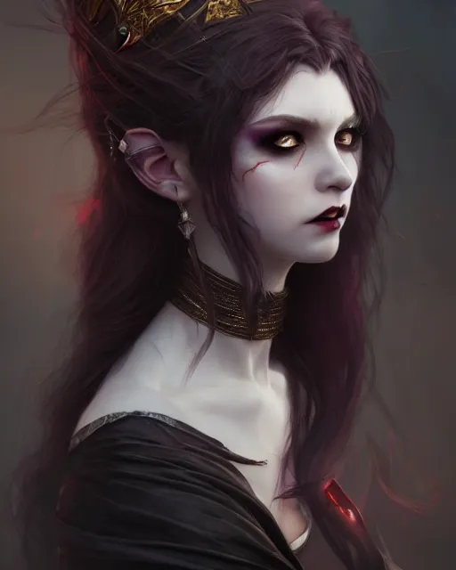 Image similar to dark vampire princess, highly detailed, d & d, fantasy, highly detailed, digital painting, trending on artstation, concept art, sharp focus, illustration, global illumination, shaded, art by artgerm and greg rutkowski and fuji choko and viktoria gavrilenko and hoang lap