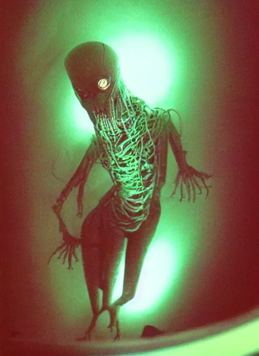 Prompt: a weird humanoid alien creature is suspended in a tank of dense liquid, tubes connecting to its body, back lit, green glow, 35mm film photography
