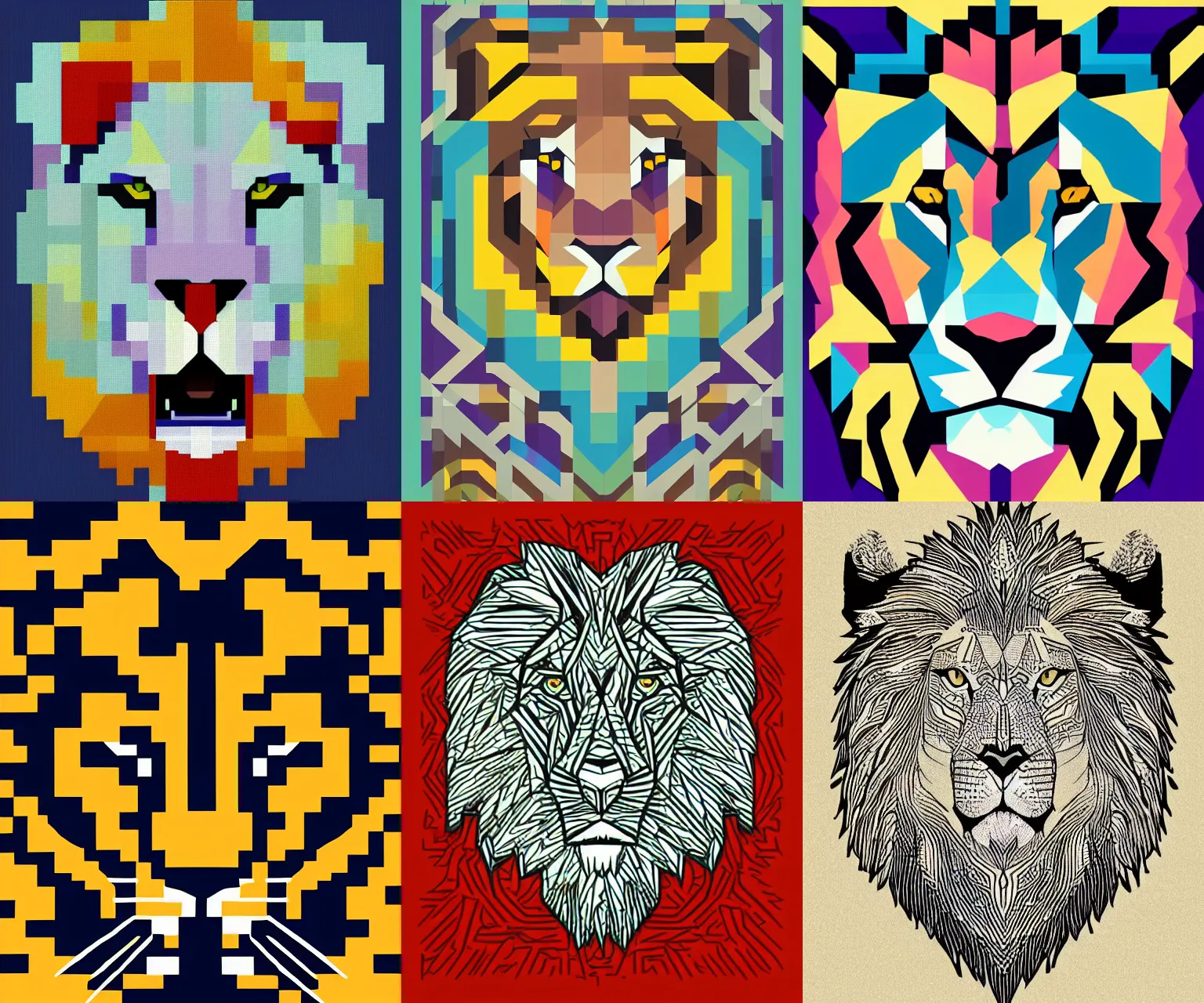 Prompt: Lion-roar stylized geometric art pixelating