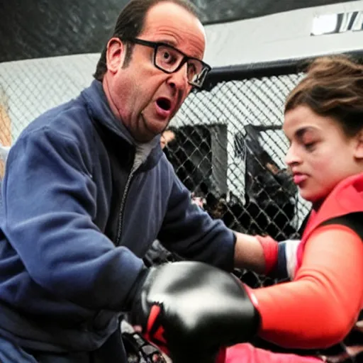 Image similar to François Hollande fighting a teen girl in a wheelchair in a MMA cage fight