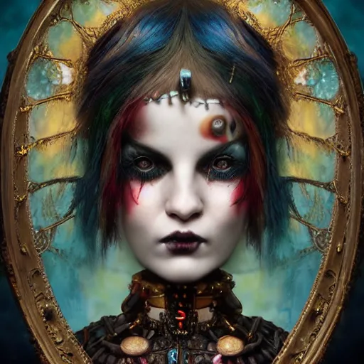 Image similar to photorealistic portrait of a curiosities carnival, single doll punk in a full gothic armor, multiple dyed colors haircut, heroic, symmetry accurate features, focus, rainbow lighting, very intricate details, award winning masterpiece, by tom bagshaw, ultra deep fog background