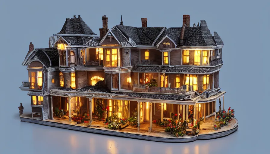 Image similar to photorealistic claymation art of a victorian house on top of a floating island, elegant, candle lighting, extremely detailed, realistic, art galery