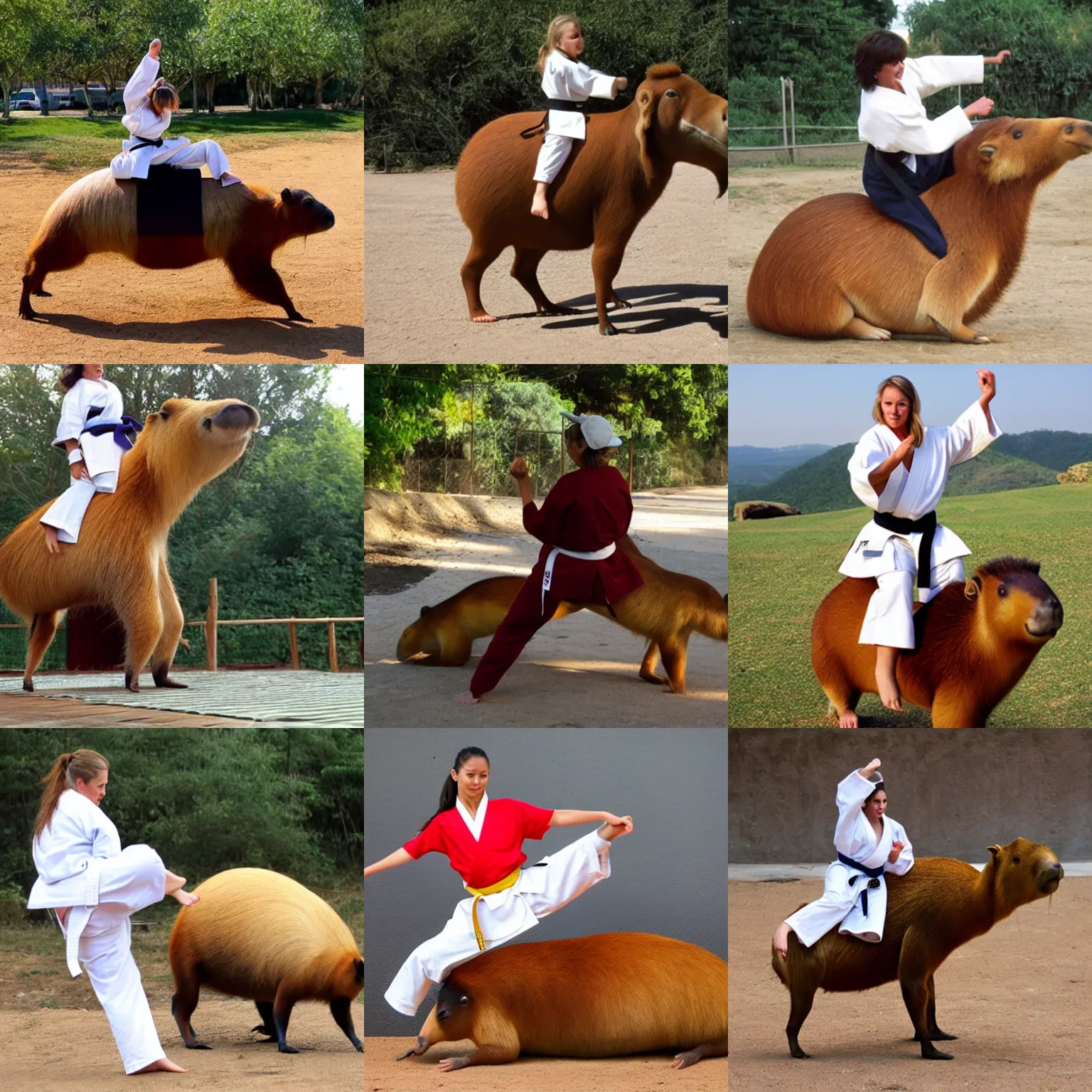 Prompt: Karate woman riding a giant capybara