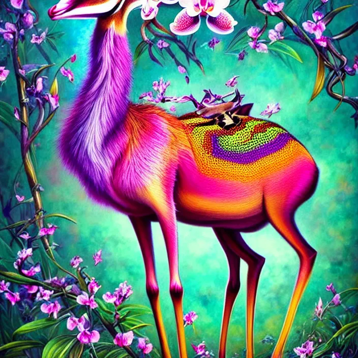 Prompt: extremely psychedelic gazelle made of orchid and cherry blossom tree and mushroom, LSD, diffuse lighting, fantasy, intricate, elegant, highly detailed, lifelike, photorealistic, digital painting, artstation, illustration, concept art, smooth, sharp focus, art by John Collier and Albert Aublet and Krenz Cushart and Artem Demura and Alphonse Mucha