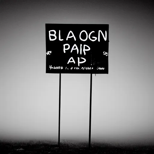 Prompt: a photo of a blank sign at night, fog, pitch black, spooky found footage