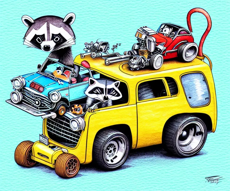 Image similar to cute and funny, racoon driving a tiny hot rod with an oversized engine, ratfink style by ed roth, centered award winning watercolor pen illustration, isometric illustration by chihiro iwasaki, edited by craola, tiny details by artgerm and watercolor girl, symmetrically isometrically centered