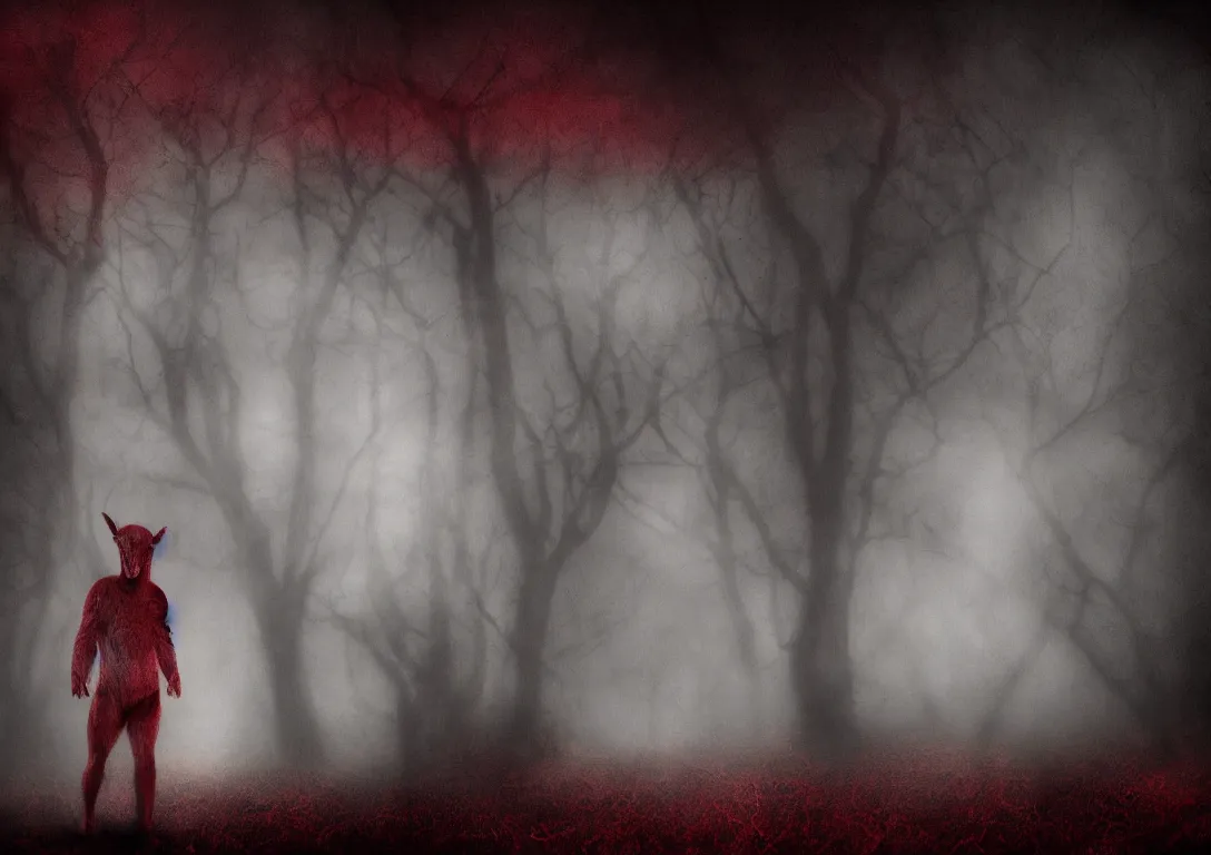 Prompt: lamb man digital art, human lamb hybrid, cult of the lamb, deep crimson and dark shadows, foggy background, ambient glow